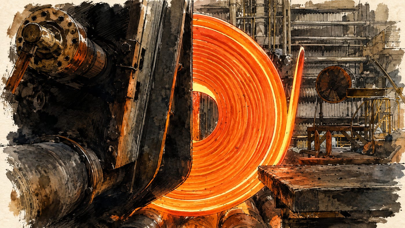 A Coilbox winding hot steel strip into a coil
